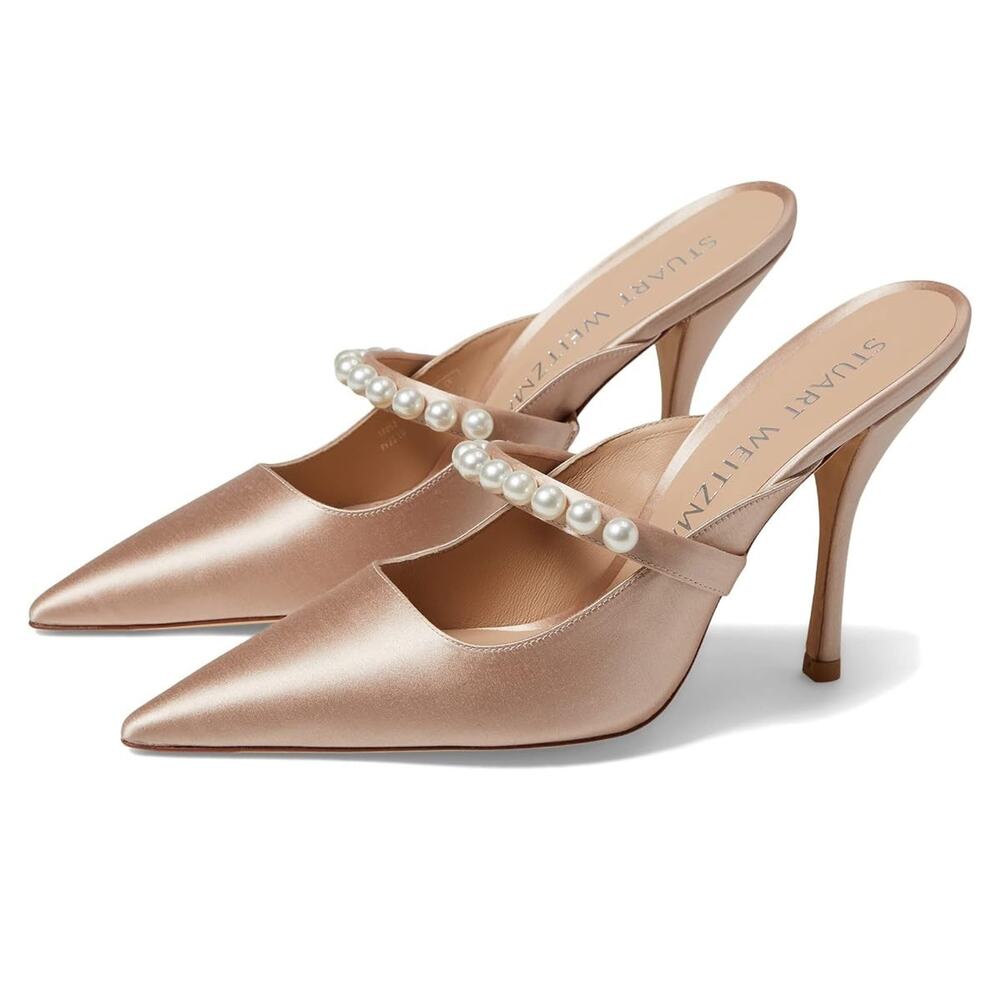 Stuart Weitzman Goldie 100 Women Mule Adobe Satin Heels Pearl Pointed Toe Sz 9.5
